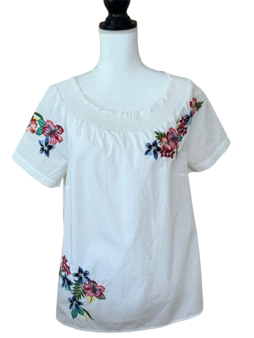 Talbots White Embroidered Floral Cotton Blouse On/Off-Shoulder Summer Top Small